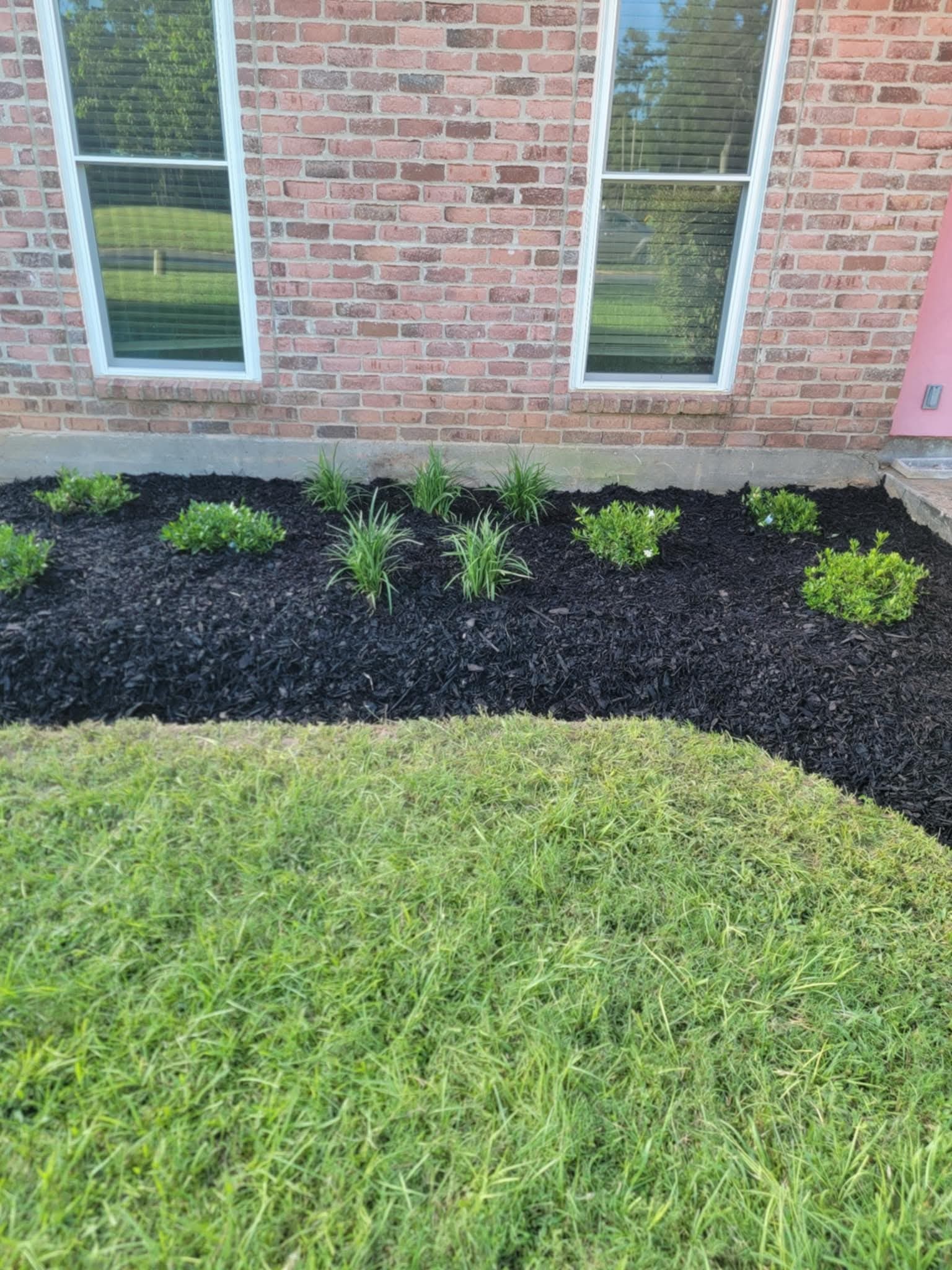 Fresh black-mulch bed with new plants along a brick wall